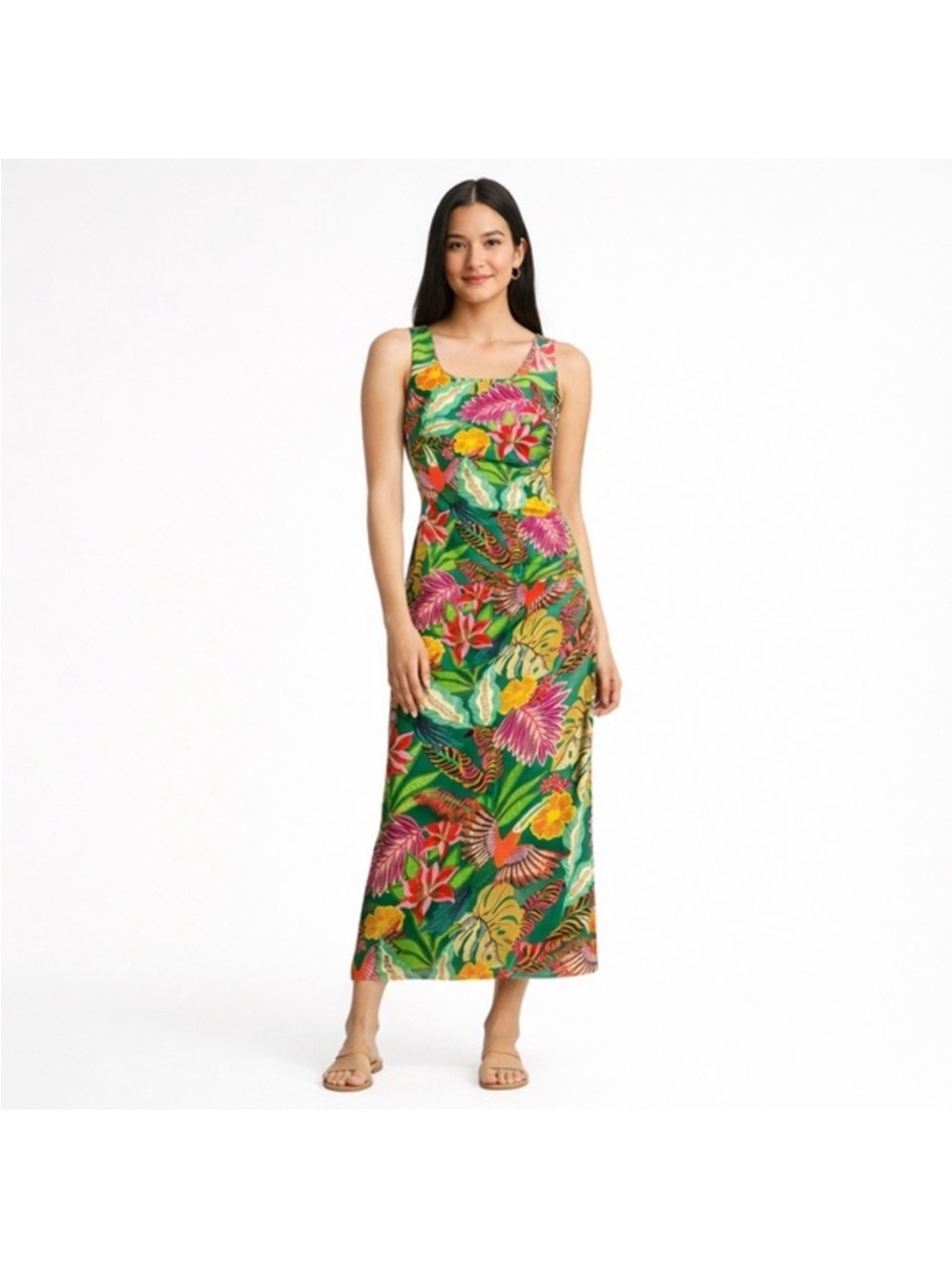 Gibson Latimer Tropical Floral Dress in Green, Orange, Yellow